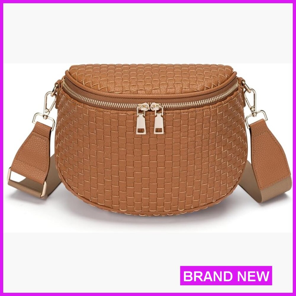 Woven Leather Crossbody Bag Checkered Pattern Adjustable Strap Zipper Closure